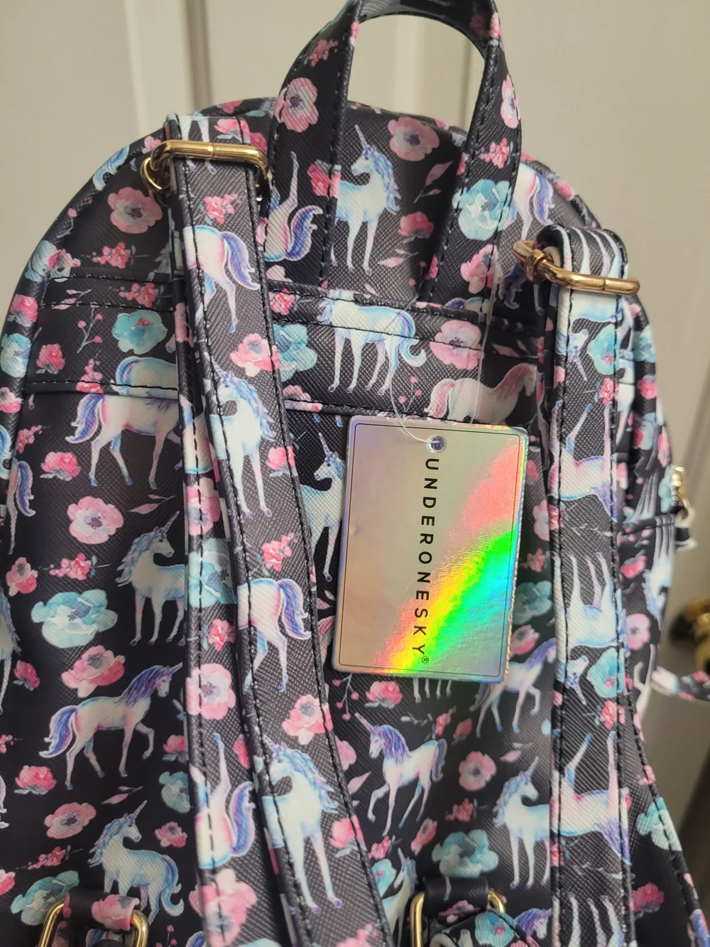 Kids Unicorn Print Mini Backpack - Black with Pastel Unicorns